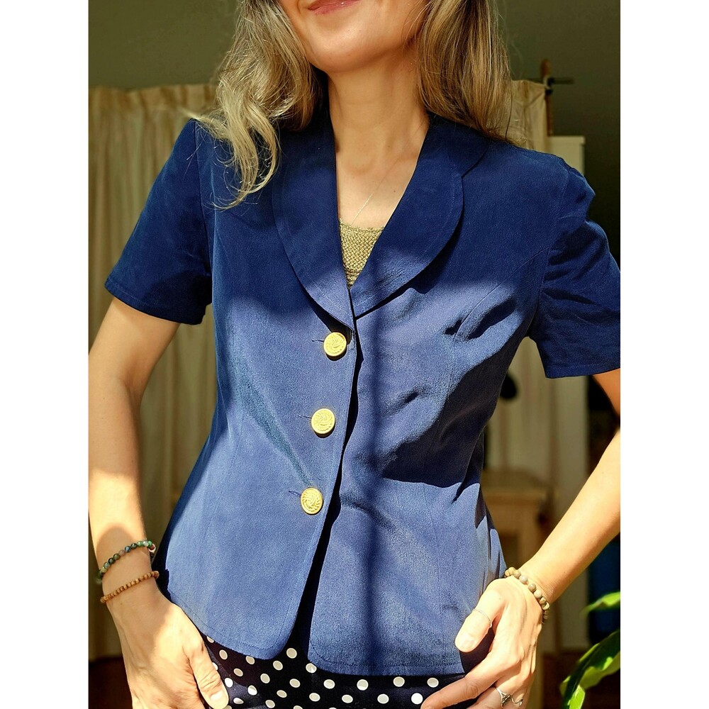 Vintage Silk Short Sleeve Jacket – Navy Blazer with Gold Buttons, Shomi, Size 4